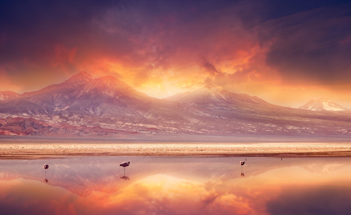 sunset over the Andes Mountains and Atacama Desert