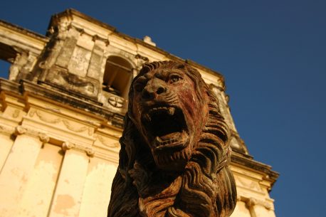 Stone statue of lion guarding Leon Cathedral