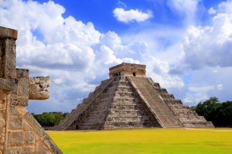 Chichen Itza snake and Kukulkan Mayan temple pyramid