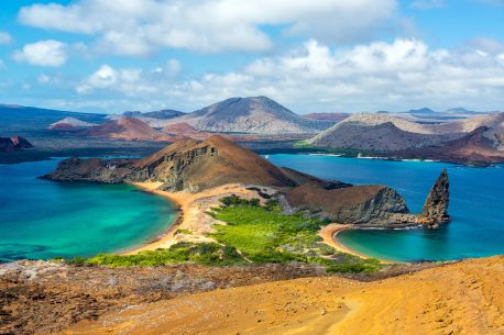 View of two beaches on Bartolome Island in the Galapagos Islands