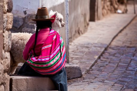 Woman in traditional clothes with lama sitting on stone